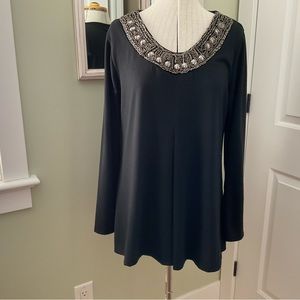 NEW WOMEN DESIGN, BLACK EMBELLISHED ROUND NECKLINE SWEATER, SIZE: L